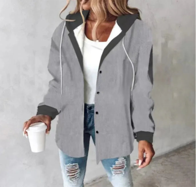 Women's Autumn Large Plaid Style Hooded Jacket With  Casual Loose Black White Plaid Coat Button Fall Top