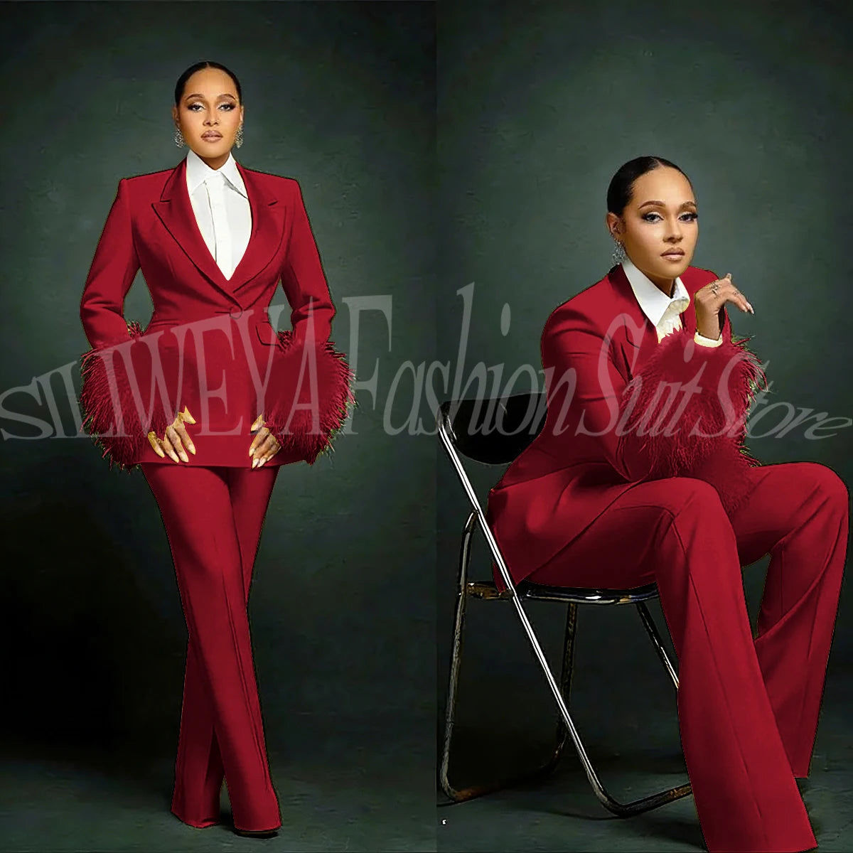 Women's  Luxury Feather Applique Single Breasted 2 Piece Suits