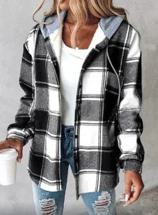 Women's Autumn Large Plaid Style Hooded Jacket With  Casual Loose Black White Plaid Coat Button Fall Top