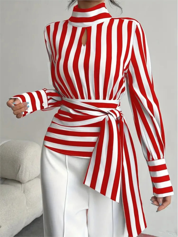 Women's Fashion Trendy  Black White Contrast Striped Shirt Autumn New Retro Scarf Collar Long-sleeved Elegant Female Pullover Shirt