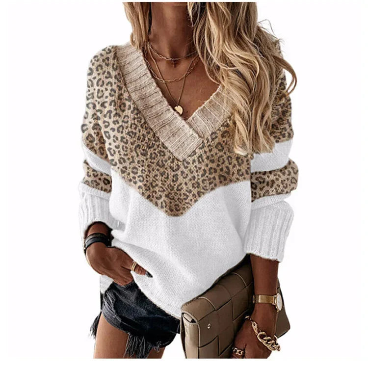 Women's Knitted V-neck Sweaters Stitching Contrast Color Long-Sleeved Knitting Top Pullover Autumn Winter Warm Female Jumper