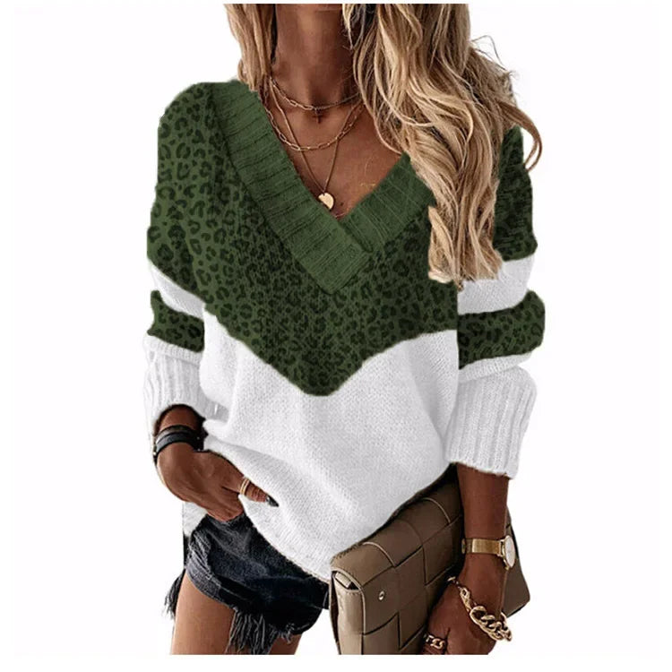 Women's Knitted V-neck Sweaters Stitching Contrast Color Long-Sleeved Knitting Top Pullover Autumn Winter Warm Female Jumper