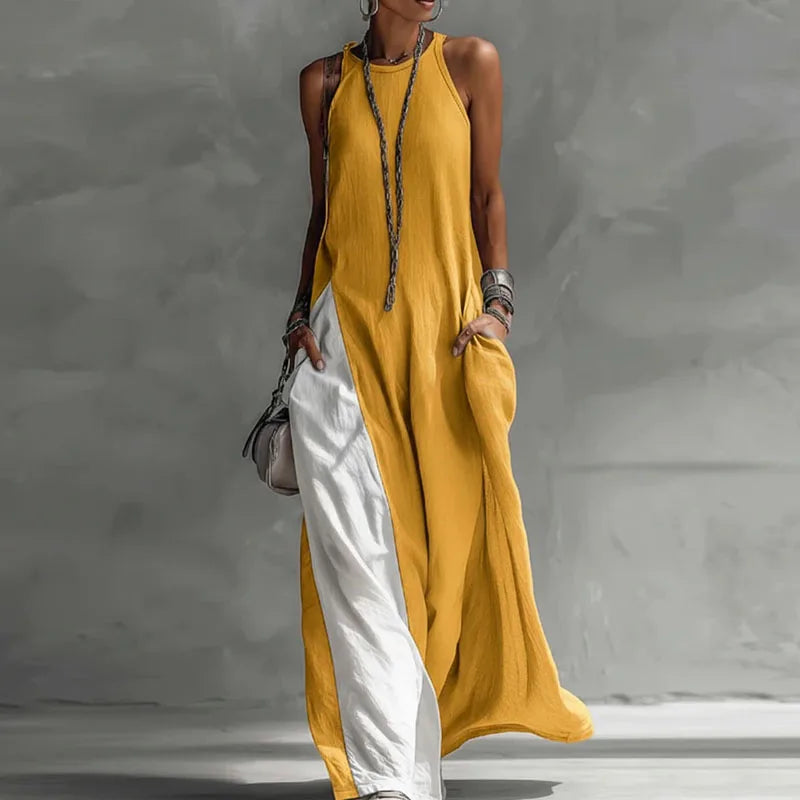 Women's Fashion High Collar Hollow Off-shoulder Women's Knitted Tops 2-piece Set Casual Sleeveless Summer Boho Vacation Maxi Dress Sexy O Neck Contrast Color Long Dress Spring Pocket A-Line Party Dresses