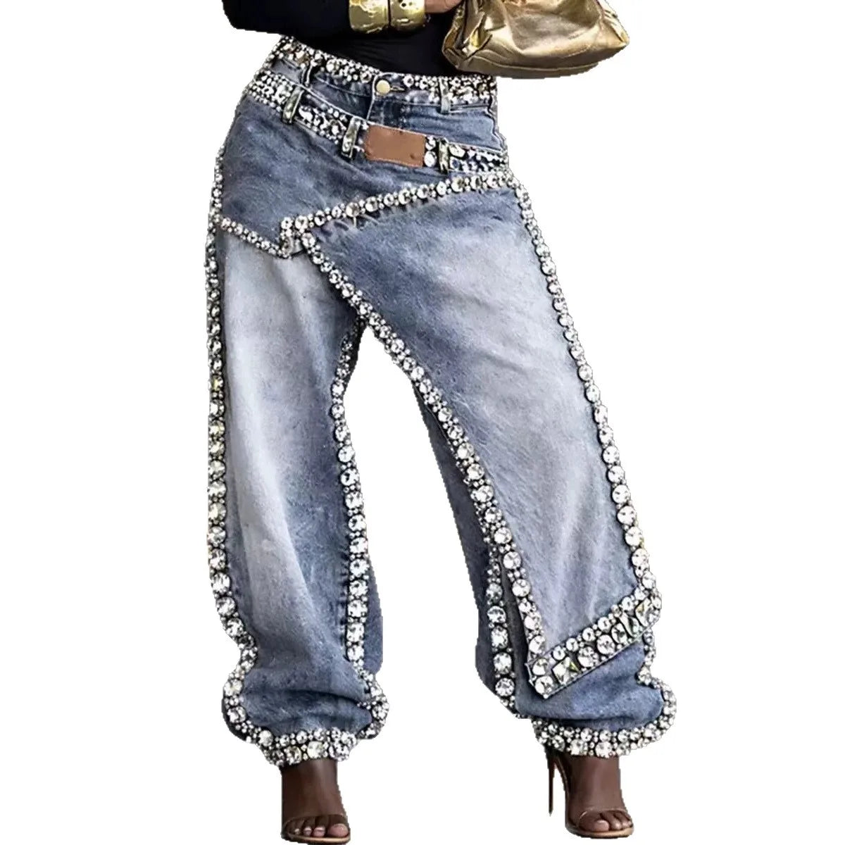 Women Wide Leg Rhinestone Denims Jeans Distressed Washed Full Length Vintage Asymmetrical Trousers Y2k Streetwear 2026