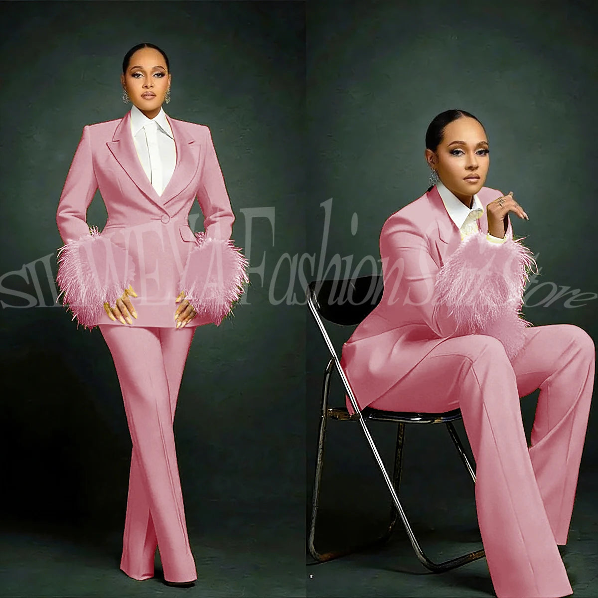 Women's  Luxury Feather Applique Single Breasted 2 Piece Suits