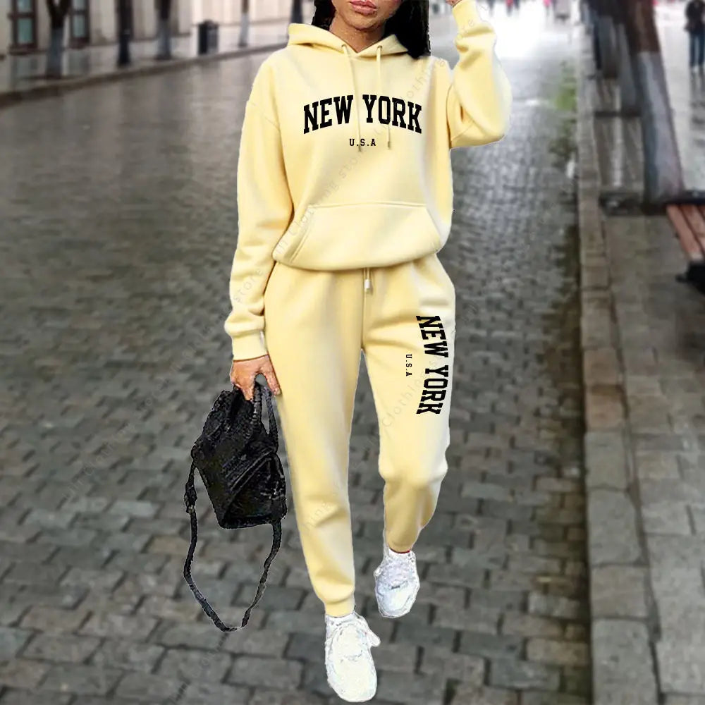 Women's NEW YORK Tracksuit Autumn Winter Hoodies Trousers 2PCS Suit Sports Jogging Pants Sets High Quality Clothes