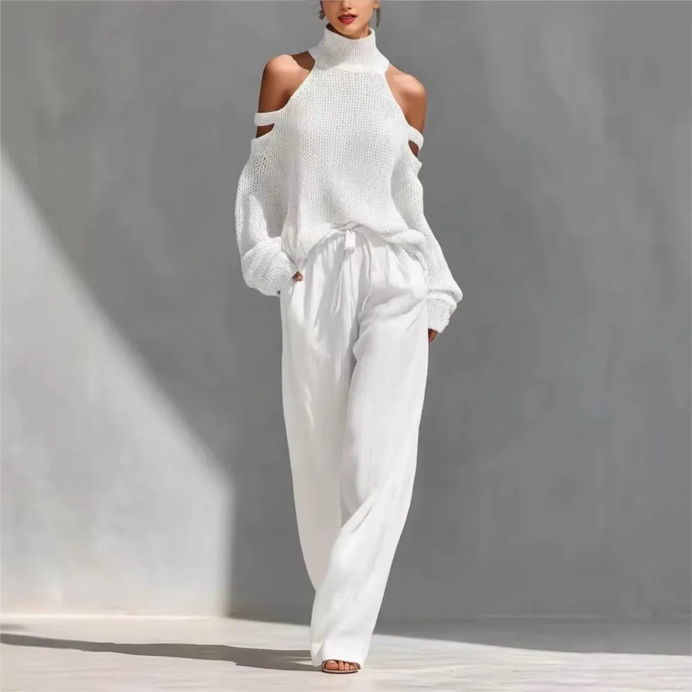 Women's Fashion High Collar Hollow Off-shoulder Women's Knitted Tops 2-piece Set Spring Casual Loose Wide-leg Trousers Female Suit