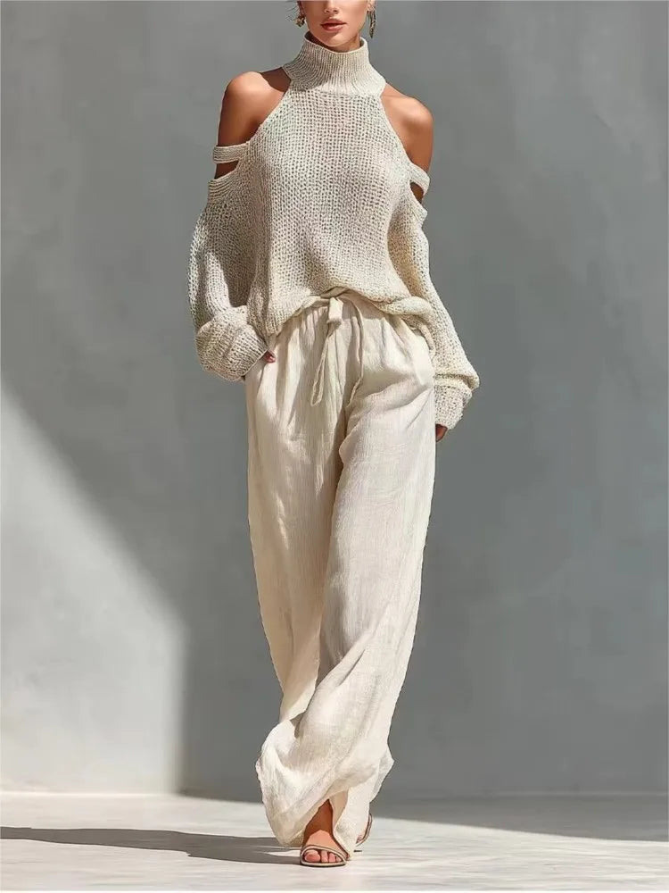Women's Fashion High Collar Hollow Off-shoulder Women's Knitted Tops 2-piece Set Spring Casual Loose Wide-leg Trousers Female Suit