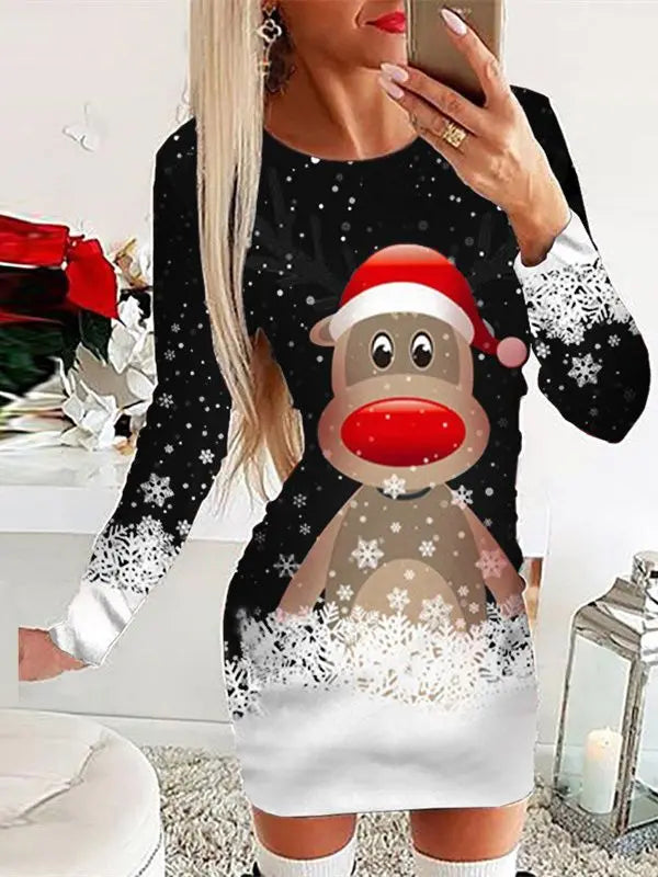 Women's Black White Snowflake Deer Pattern Dress Autumn Winter Long Sleeve Bodycon Mini Dress Elegant Red Christmas Dresses