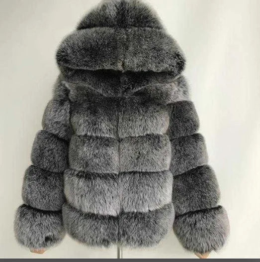 Women's Winter Fashion Hooded Fox Fur Jackets Loose Long Sleeves Female Eco Fur Coat Patchwork Plush Thick Lady Fur Coat