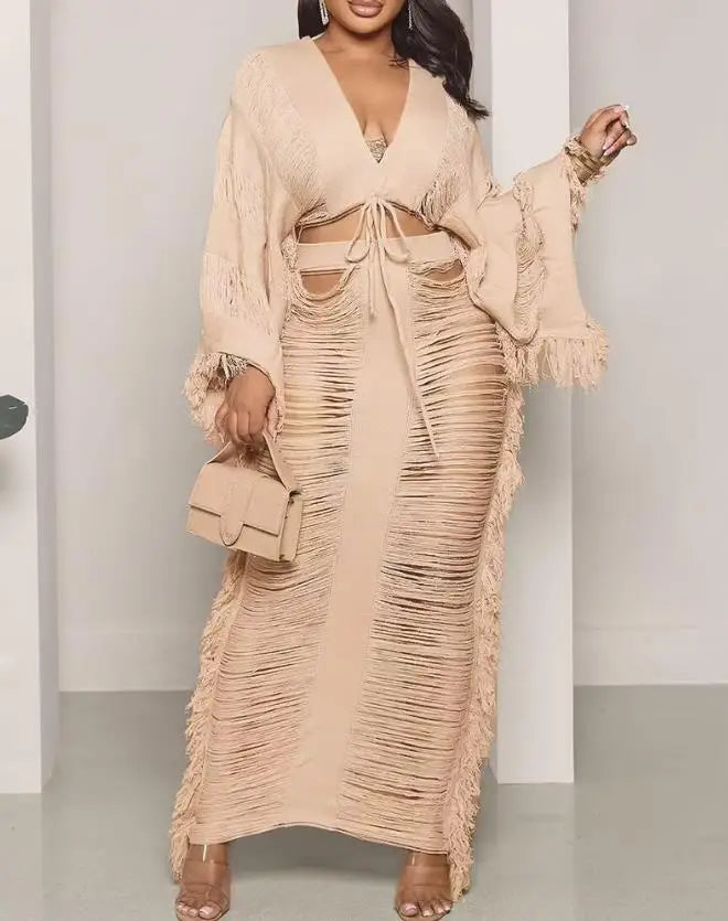 Women's Two-Piece Outfits Sets Summer Fashion Hollow Out V-Neck Long Sleeve Crop Top & Sexy Plain Maxi Daily Skirt Set