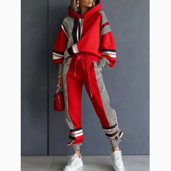 Women's Two-Piece Sport Winter Loose Fit Fashion Pant Sets Plus Size Pant Sets American Stripe Round Neck Sweatshirt and Pants Set