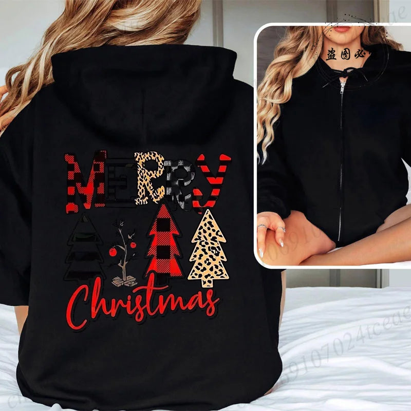 Women Men Oversize Merry Christmas Reindeer Print Zipper Hoodies Coat Tops Femme Zip Sweatshirts Christmas Party Jackets