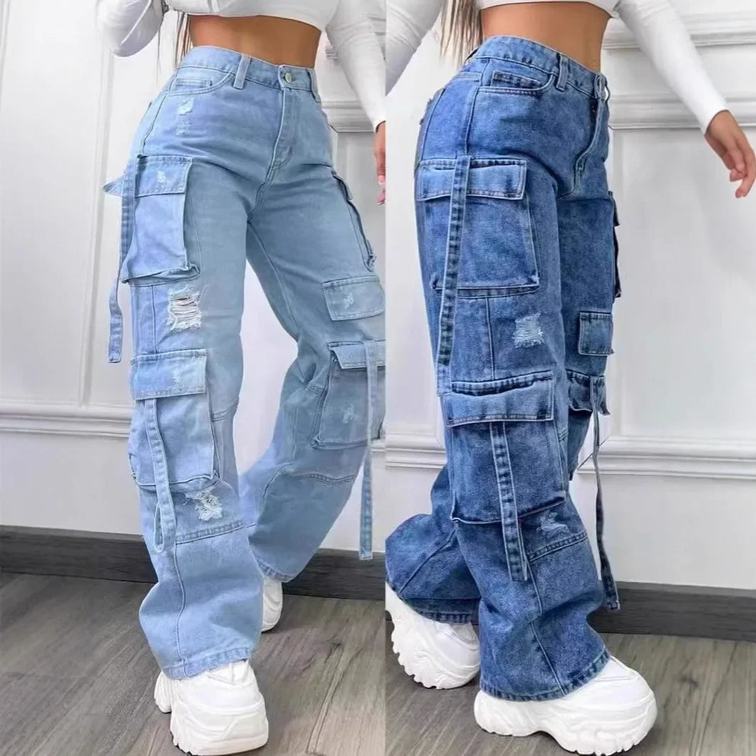 Women's New Casual Fashion Workwear Denim High Waist Multi Pocket Loose Fit Jeans Versatile plus Size
