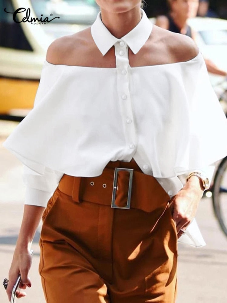 Women Elegant Casual Off Shoulder White Fashion Blouses 3/4 Sleeve Solid Elegant