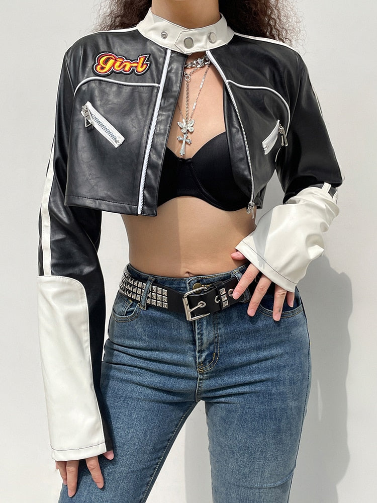 Women Patchwork Cropped PU Leather Jacket Zipper Contrast Color