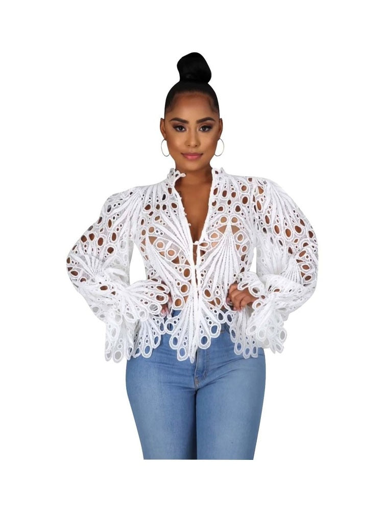 Women Casual Lantern Long Sleeve Stand Collar Shirts Sexy Lace Hollow Out Short Blouse