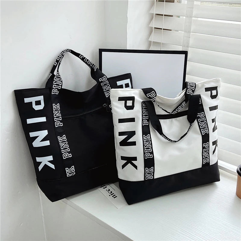 Woman Pink Letter Graphic Tote Casual Shoulder Handbags Bags Sports Fitness Tote Bag Nylon Fabric Bags Women Handbag