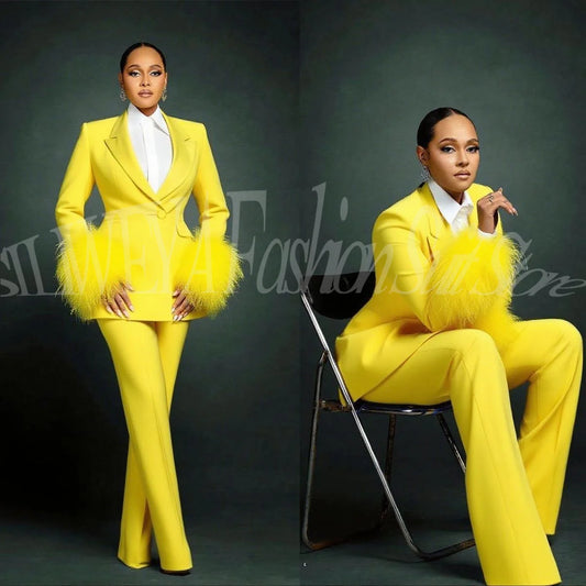Women's  Luxury Feather Applique Single Breasted 2 Piece Suits