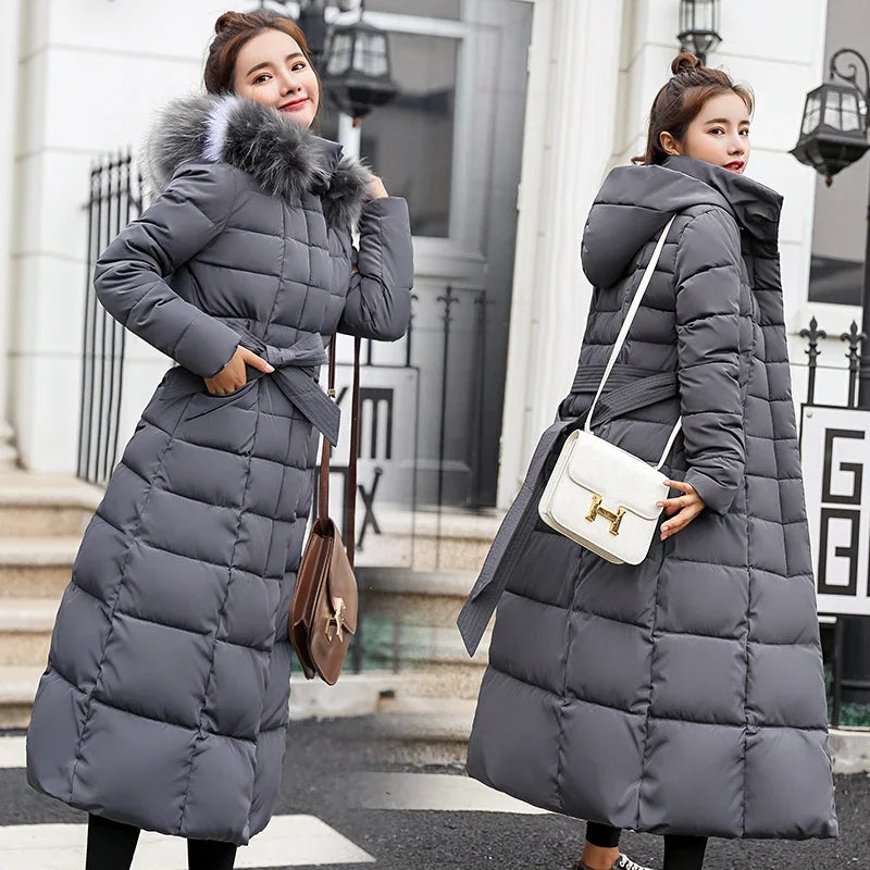 Women's Winter Jacket Warm Fashion Comfortable Bow Belt Fox Fur Collar Clothes Long Thick Coats