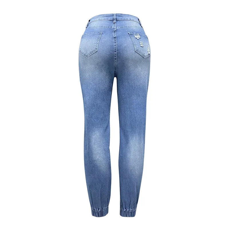 Women Fashion Alphabet Print Stretch Leg Pencil Jeans Trend Broken Holes Denim Pants