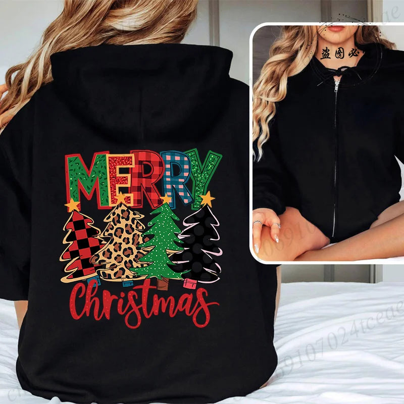 Women Men Oversize Merry Christmas Reindeer Print Zipper Hoodies Coat Tops Femme Zip Sweatshirts Christmas Party Jackets
