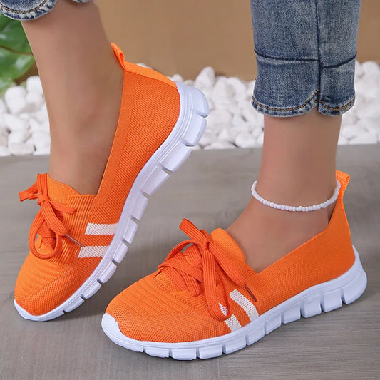 Women 2024 Knitted Striped Flats Lace Up Casual Sneakers Shoes
