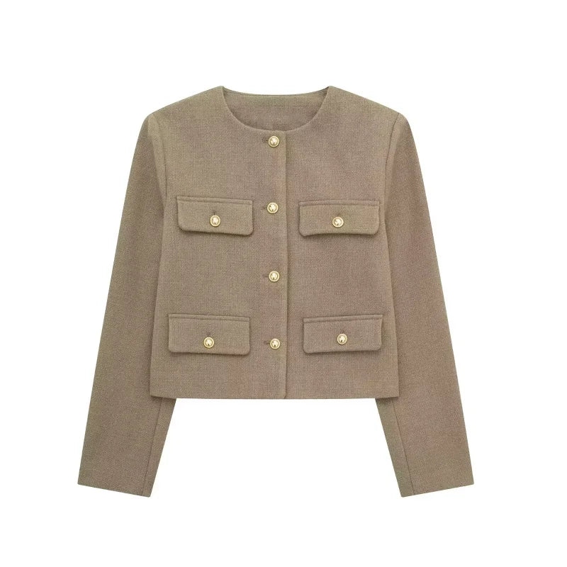 Women's Autumn/Winter Vintage Jackets crew neck gold button flip pocket embellishment short coat