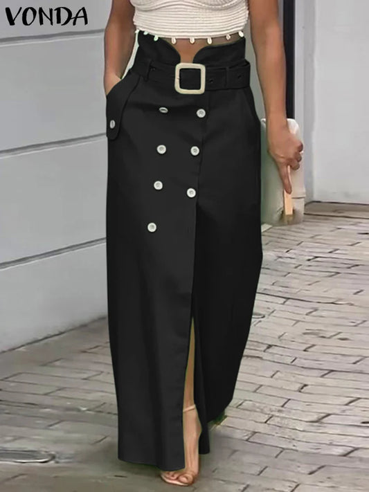 Women Elegant Casual Long Slit Skirts Waistband Button Design Solid Color Office Lady Bottoms Oversized