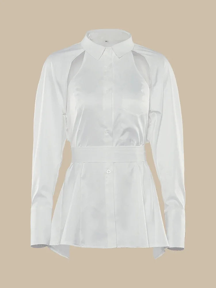 Women Elegant White Blouse Turn-down Collar Long Sleeve Lace Up Blouse Shirts