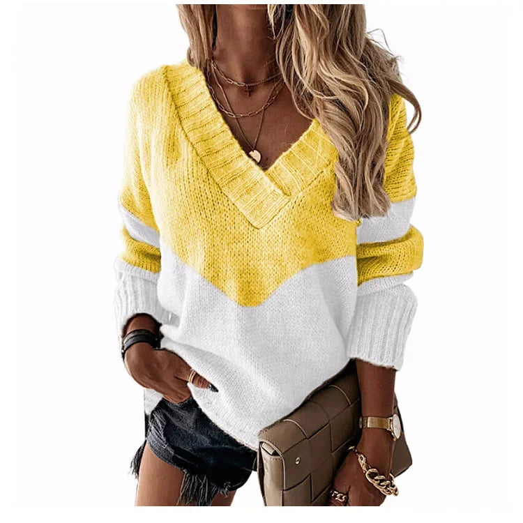 Women's Knitted V-neck Sweaters Stitching Contrast Color Long-Sleeved Knitting Top Pullover Autumn Winter Warm Female Jumper