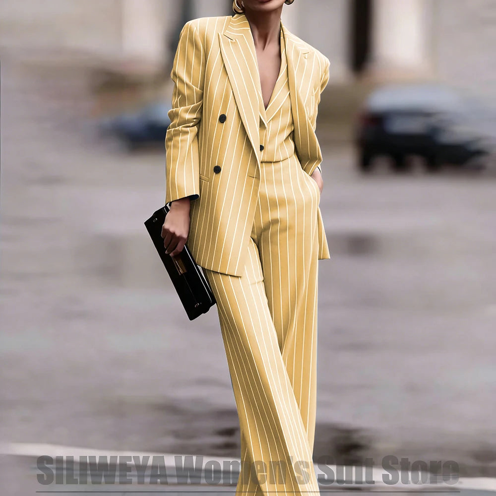 Navy Women's Double Breasted Striped 3 Piece Suits Blazer Vest Wide-Leg Pants Set Fashion Formal Party Office Casual Outfit