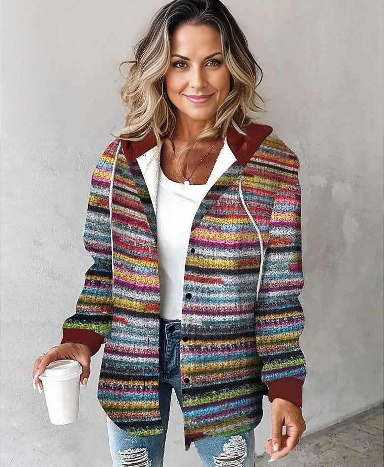 Women's Autumn Large Plaid Style Hooded Jacket With  Casual Loose Black White Plaid Coat Button Fall Top