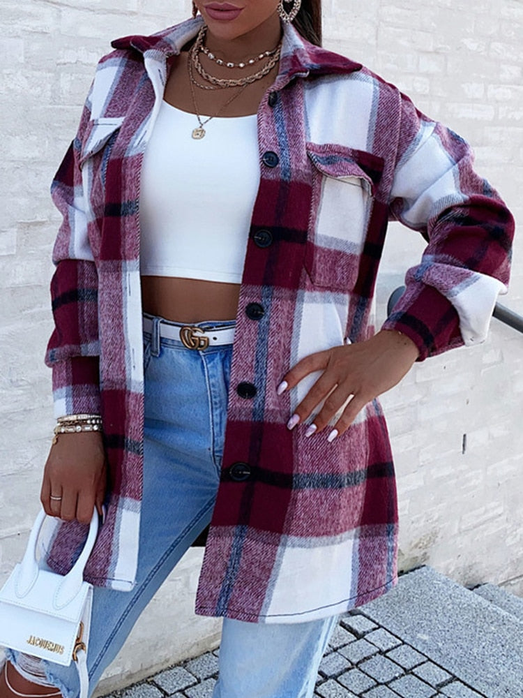 Women Oversized Plaid Jacket Winter Fleece Coat Vintage Top Long Sleeve Outerwear All Match Jackets Shirt Warm