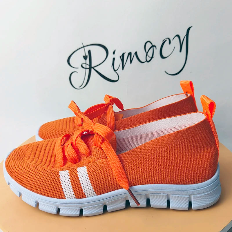 Women 2024 Knitted Striped Flats Lace Up Casual Sneakers Shoes