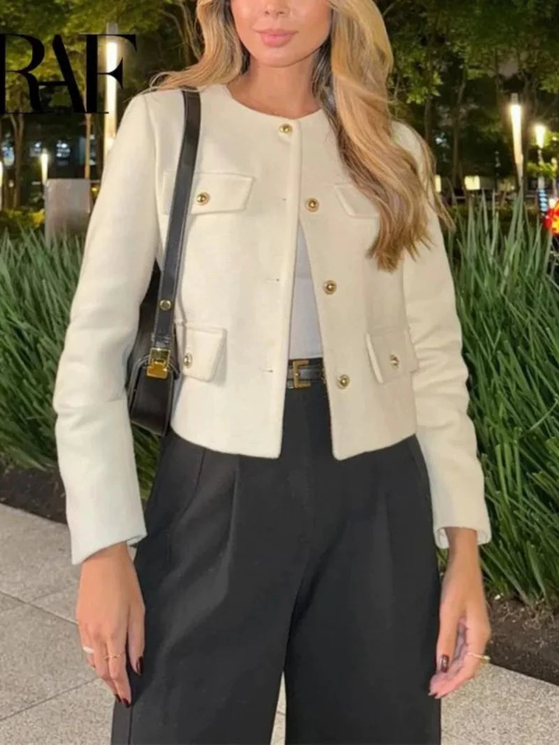 Women's Autumn/Winter Vintage Jackets crew neck gold button flip pocket embellishment short coat