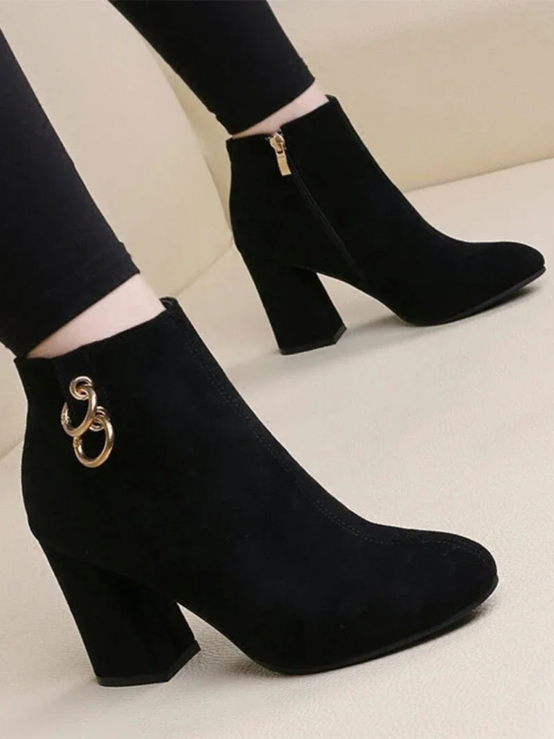 Women's Vintage Retro Plush Warm Autumn Winter Ankle Boots Block Heel Zipper High Heels