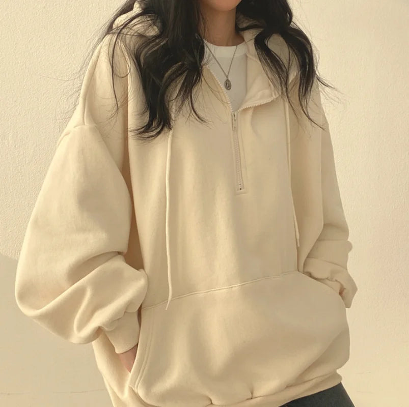 Women's Casual Long Sleeve Pockets Hoodies Loose Oversized Solid Color Half Zip Up Sweatshirt