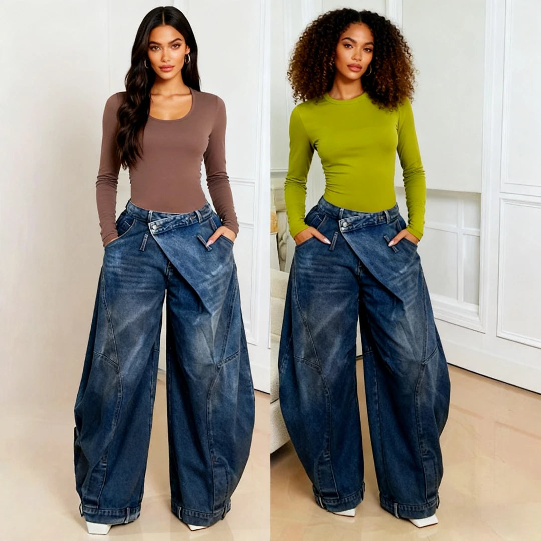 Women's Wide Leg Pants Vintage Denim Jeans Punk Style Loose Trousers Stretch Mid Waist Washed Distressed 2026 Mom Streetwear