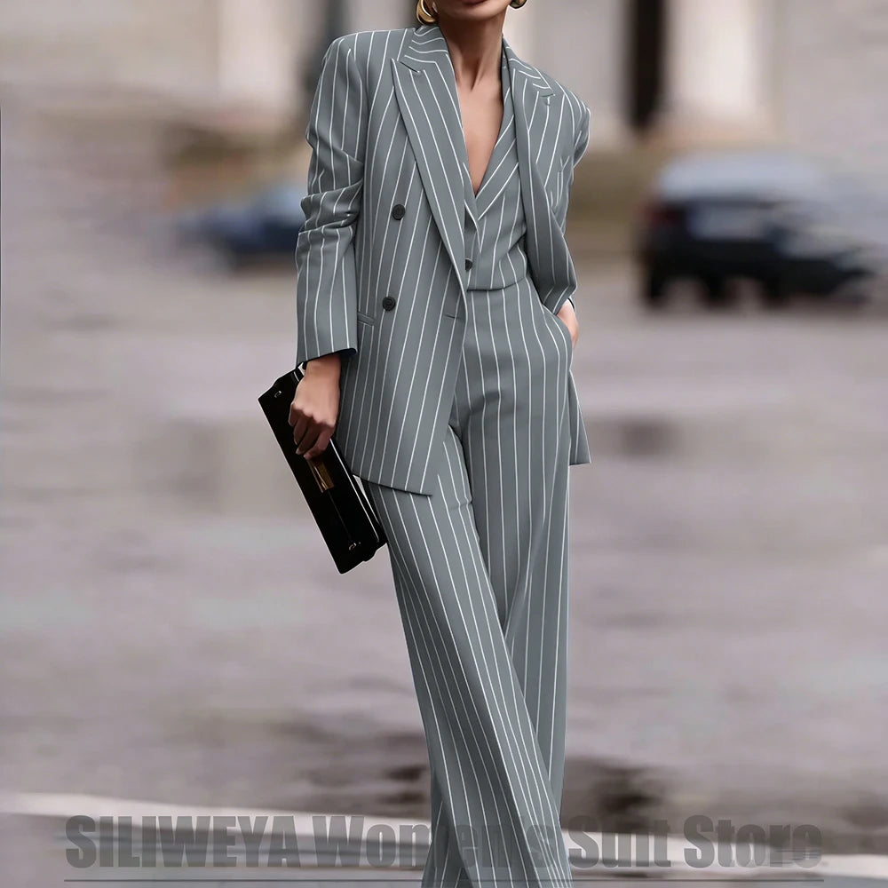 Navy Women's Double Breasted Striped 3 Piece Suits Blazer Vest Wide-Leg Pants Set Fashion Formal Party Office Casual Outfit