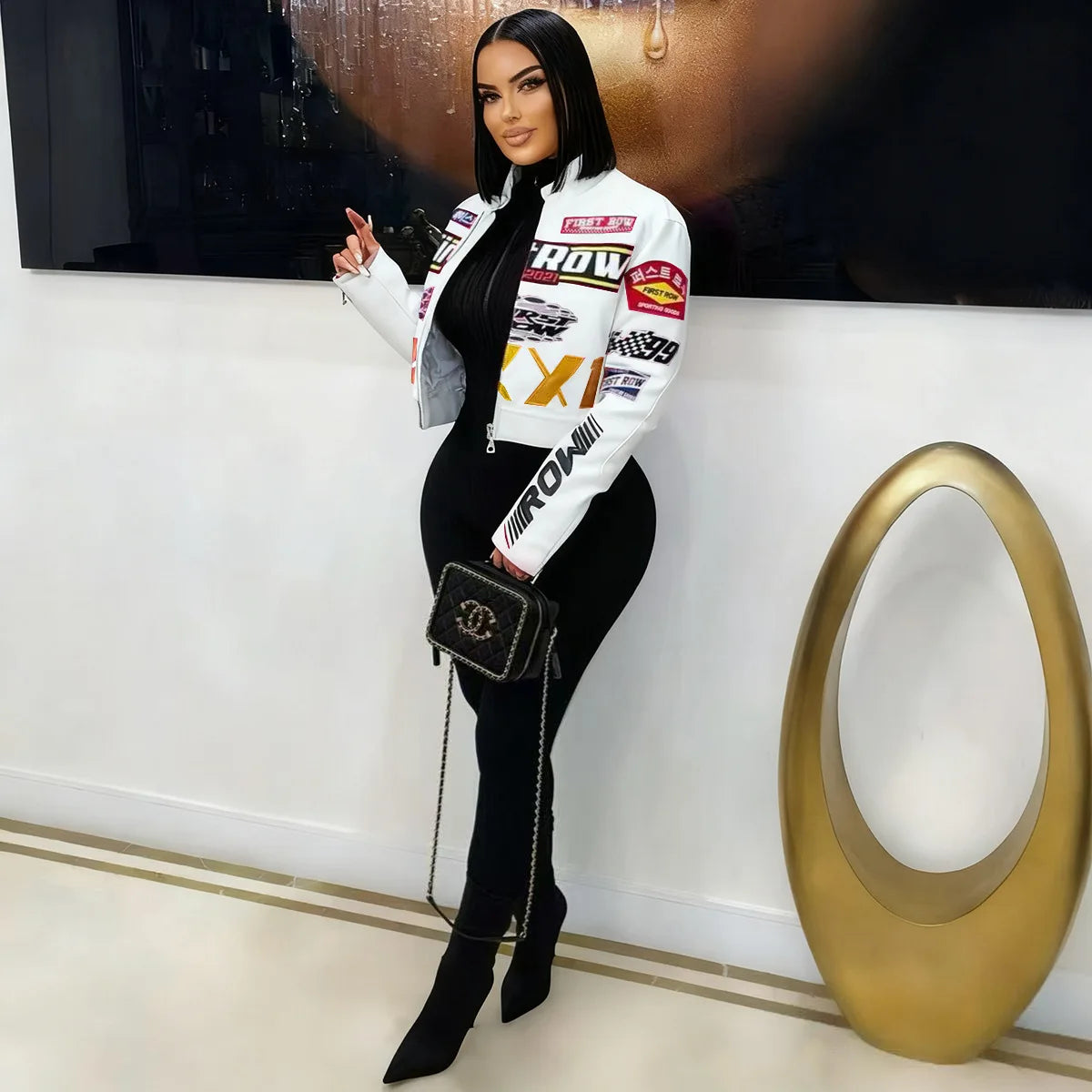 Women's PU Leather Printed Motorcycle Jacket Single Piece Fashionable Streetwear Comfortable Long Sleeve Fall Trendy