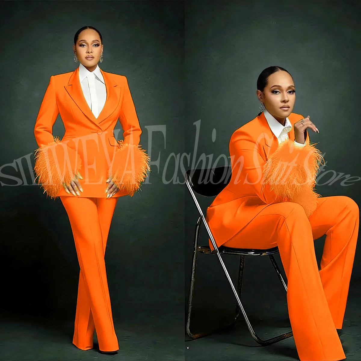 Women's  Luxury Feather Applique Single Breasted 2 Piece Suits