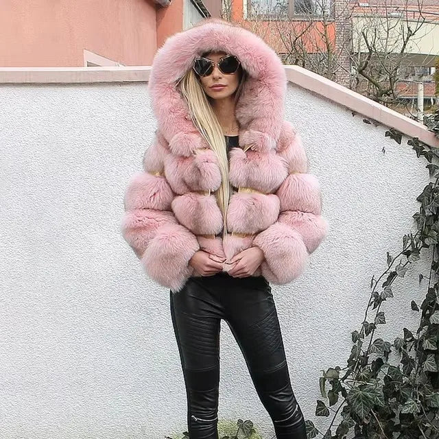 Women's Winter Fashion Hooded Fox Fur Jackets Loose Long Sleeves Female Eco Fur Coat Patchwork Plush Thick Lady Fur Coat