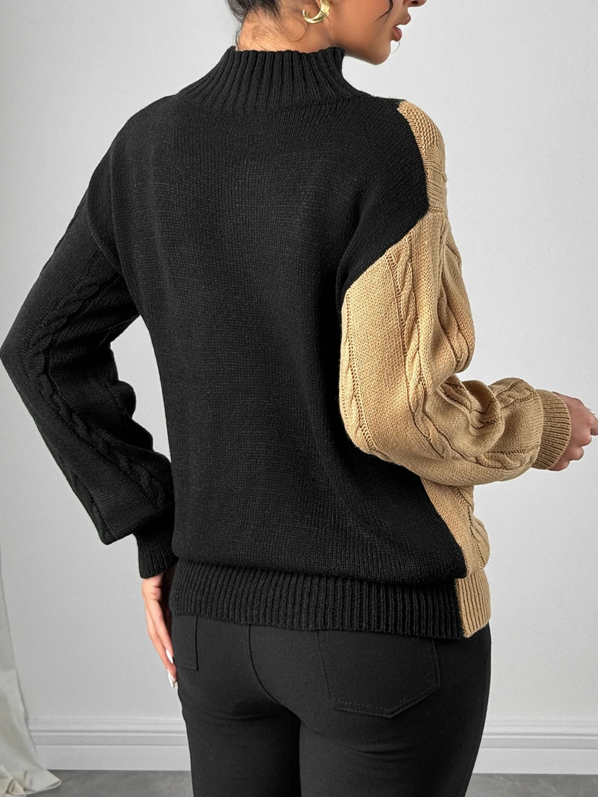 Women's Elegant Mock Neck Color Block Cable Knit Sweater Long Sleeve Knitwear Fashionable Casual Style