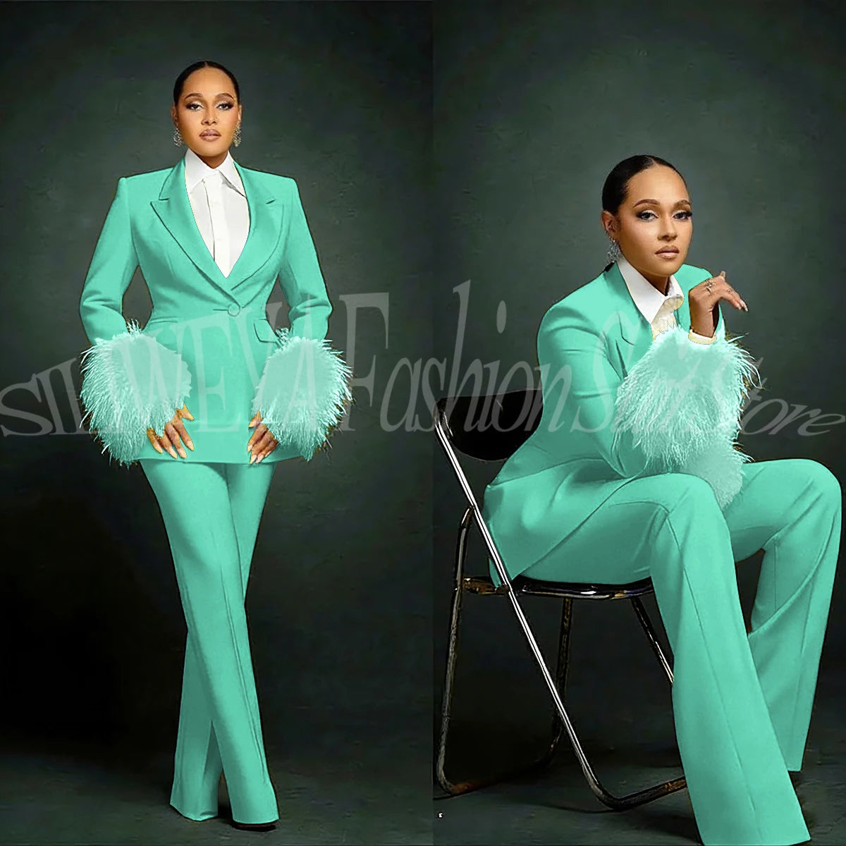 Women's  Luxury Feather Applique Single Breasted 2 Piece Suits