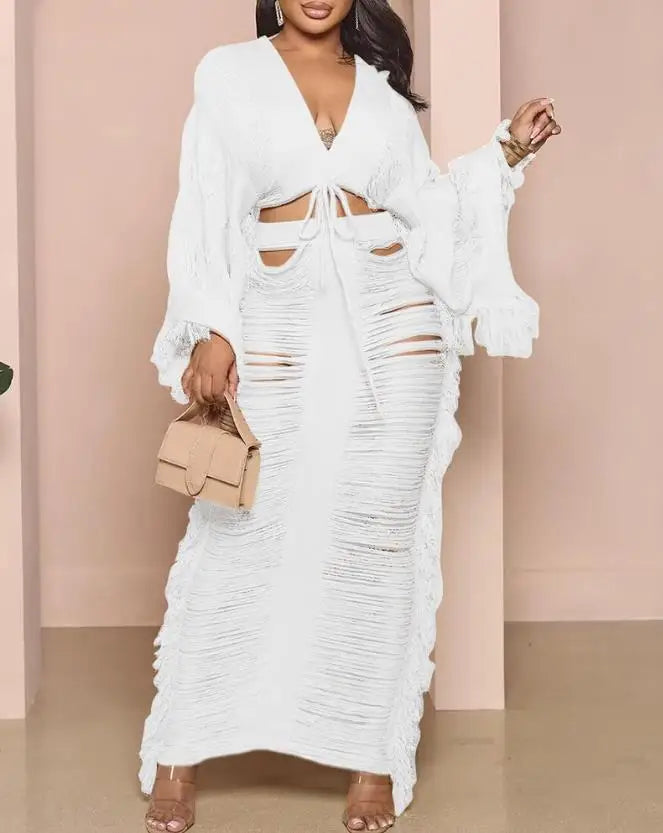 Women's Two-Piece Outfits Sets Summer Fashion Hollow Out V-Neck Long Sleeve Crop Top & Sexy Plain Maxi Daily Skirt Set
