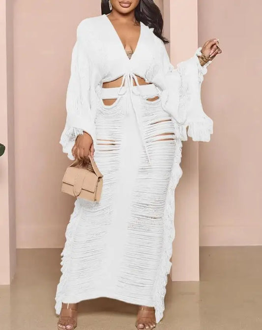 Women's Two-Piece Outfits Sets Summer Fashion Hollow Out V-Neck Long Sleeve Crop Top & Sexy Plain Maxi Daily Skirt Set