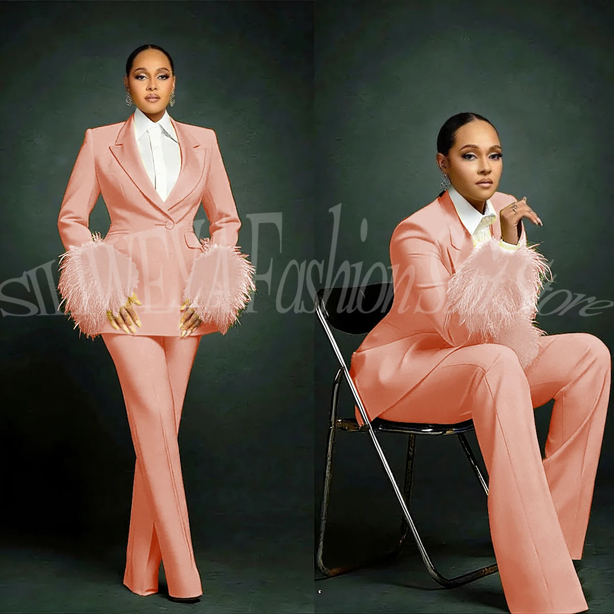 Women's  Luxury Feather Applique Single Breasted 2 Piece Suits