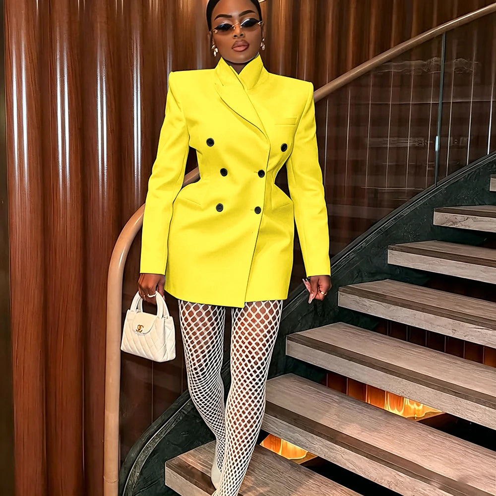 Women's Elegant White Oversized Jacket Double Breasted Blazer Dress Elegant Formal Long 1 Piece Suit for Evening Party