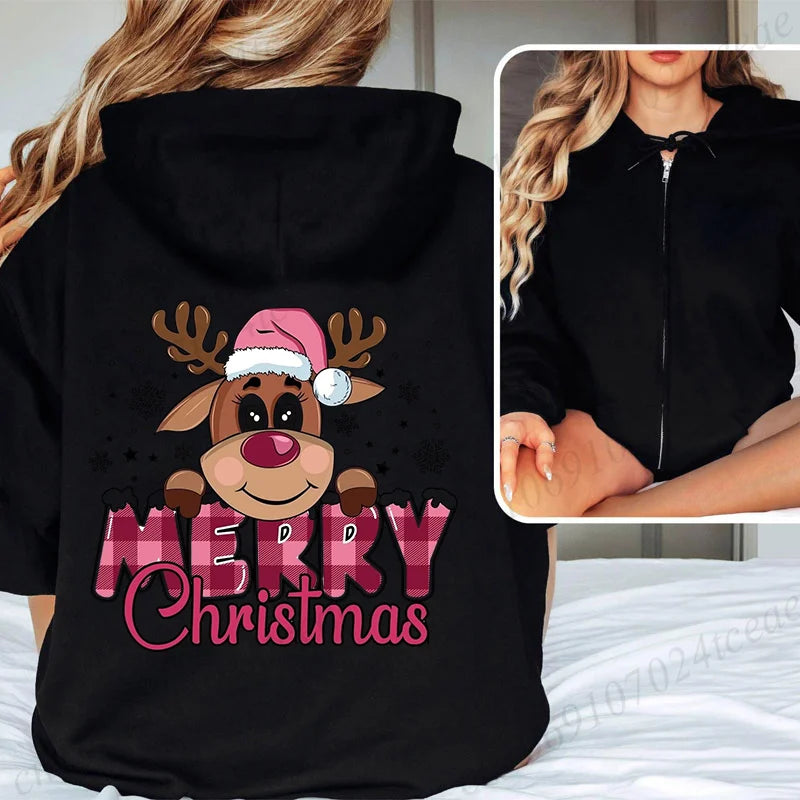 Women Men Oversize Merry Christmas Reindeer Print Zipper Hoodies Coat Tops Femme Zip Sweatshirts Christmas Party Jackets